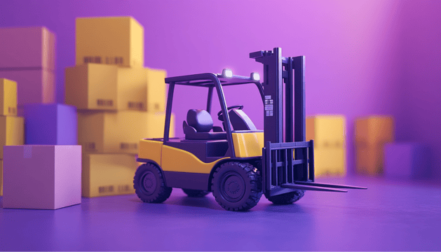 A forklift in a warehouse moving boxes